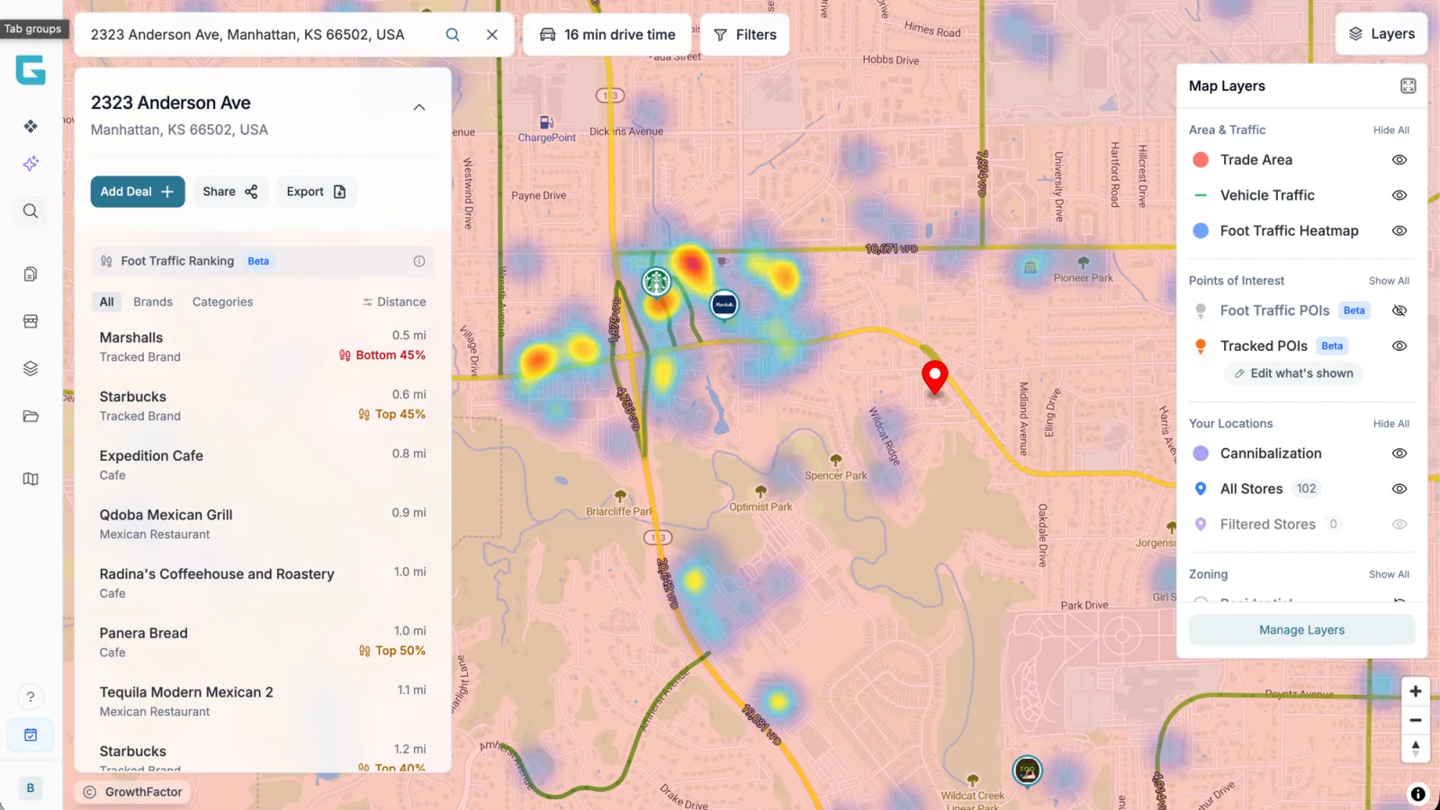 The GrowthFactor app analyzing 2323 Anderson Ave: foot-traffic heatmap, trade area and vehicle traffic layers, and a ranked list of tracked brands nearby.
