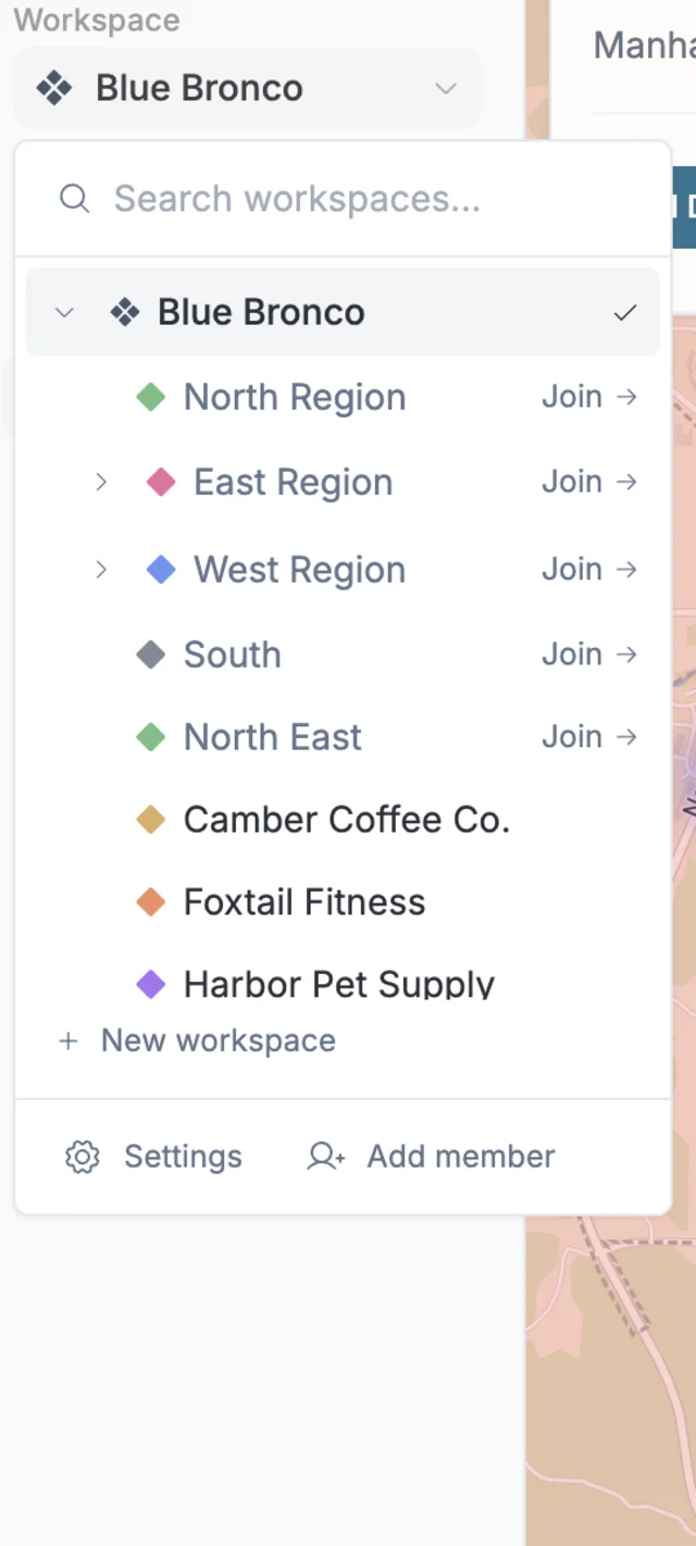 The real workspace switcher: client workspaces for Camber Coffee Co., Foxtail Fitness, and Harbor Pet Supply inside the demo org.