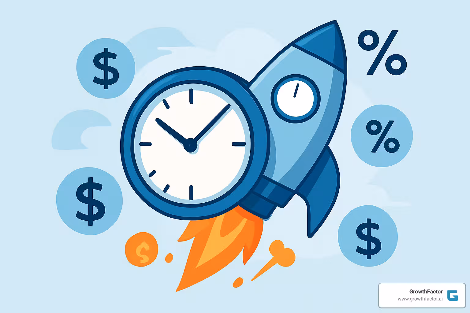 Clock changing into rocket ship with dollar signs and accuracy percentage indicators showing the speed, cost, and precision benefits of AI lease abstraction - AI powered lease abstraction