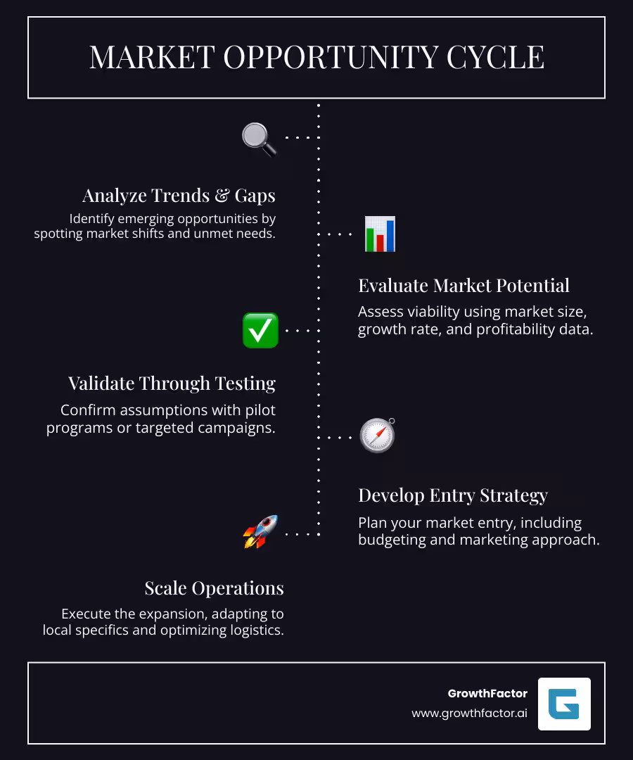 infographic showing the market opportunity identification cycle: analyze trends and gaps, evaluate market potential, validate through testing, develop entry strategy, and scale operations - find new markets infographic infographic-line-5-steps-dark