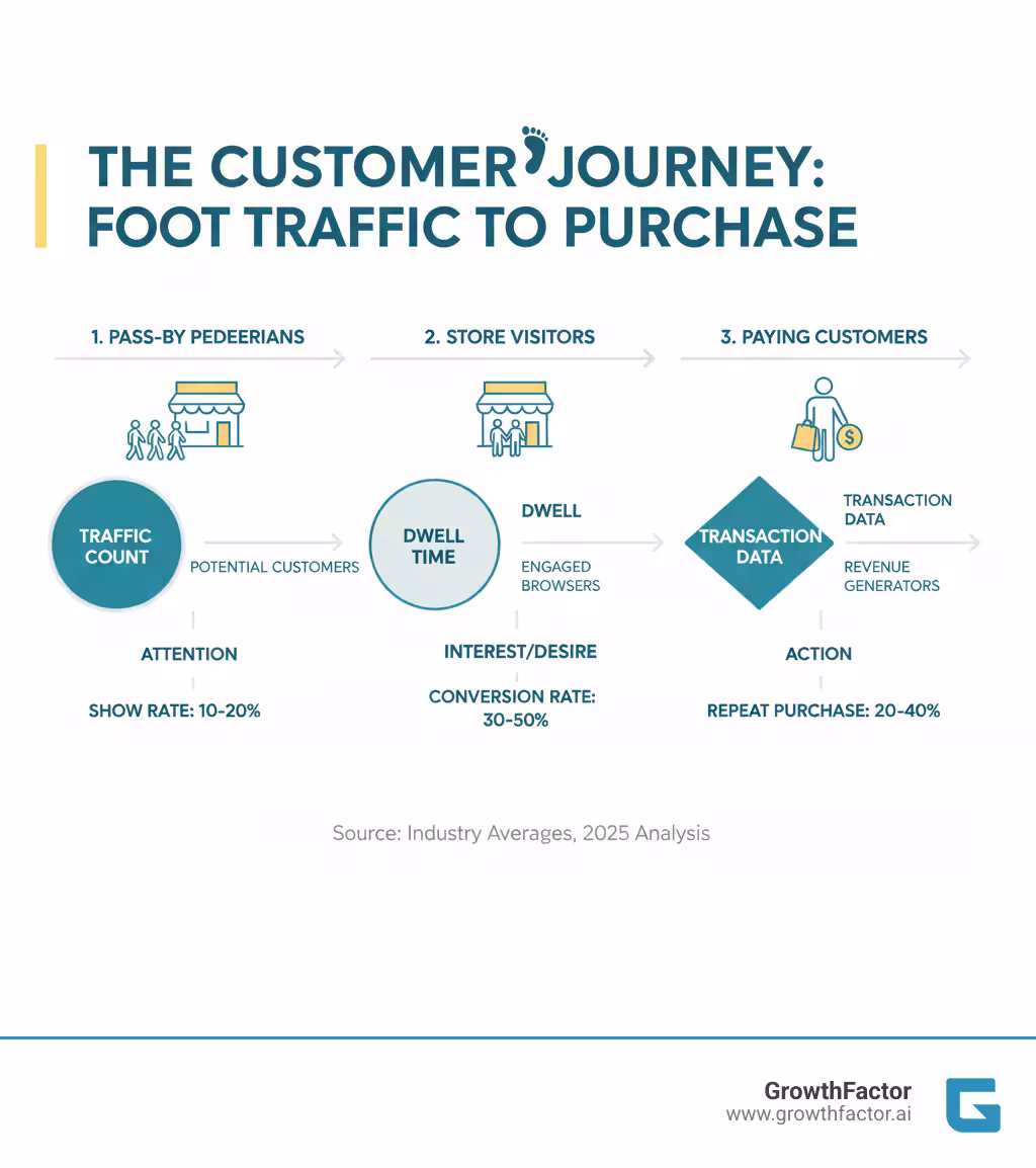 detailed infographic showing the customer journey from pass-by pedestrian traffic to store visitor to paying customer, including key metrics and conversion points at each stage - Foot traffic analysis? infographic