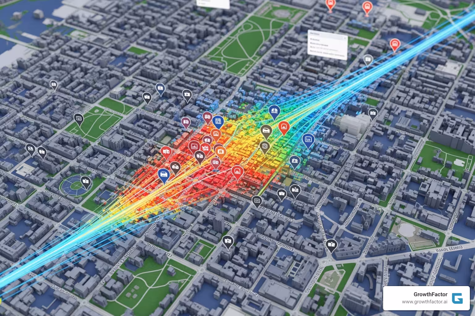 A bird's-eye view image of a detailed map with various pins, data overlays, and charts representing different aspects of retail site analysis, showing demographic heatmaps, traffic flow lines, and competitor locations. - retail location analysis