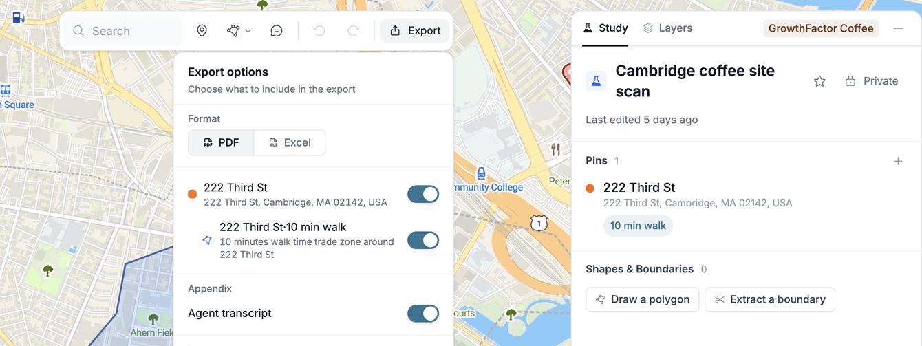 Export options for a Cambridge study: PDF or Excel, the 222 Third St pin and its 10 minute walk zone switched on, and the agent transcript added as an appendix.