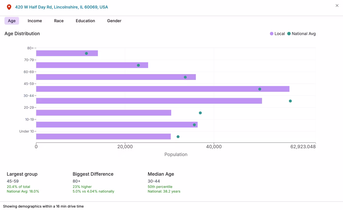 Expanded demographic panel with detailed breakdowns of age distribution, income brackets, education levels, and gender composition