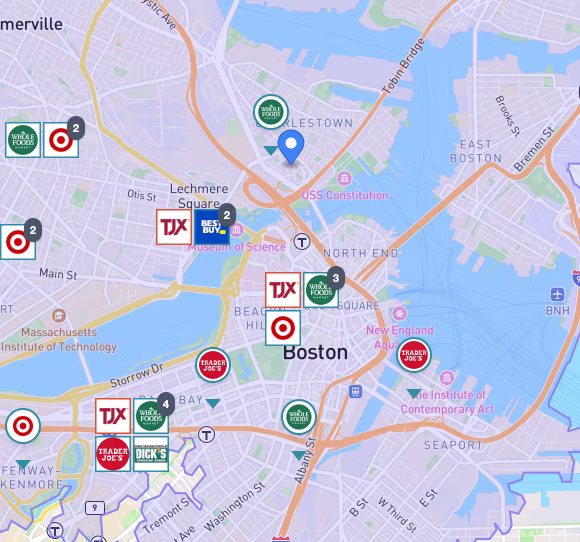 Platform side panel showing a list of competitor businesses with distance and category information within the defined trade zone